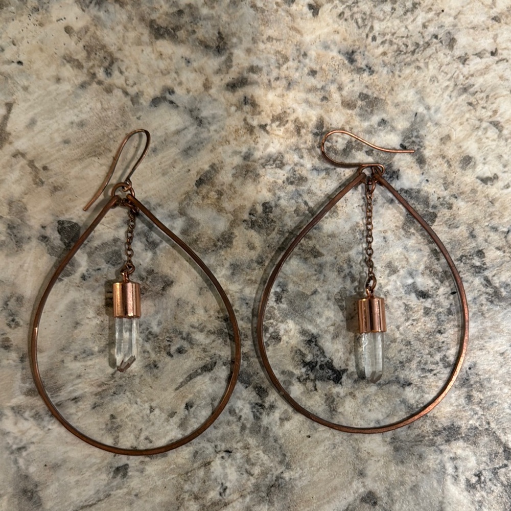 Copper and Quartz Teardrop Earrings with Rustic Charm